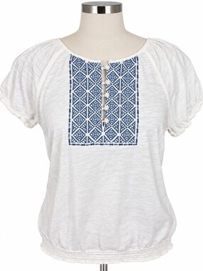 Chaps Petite M White Blue Geometric Peasant Blouse Boho Puff Sleeve